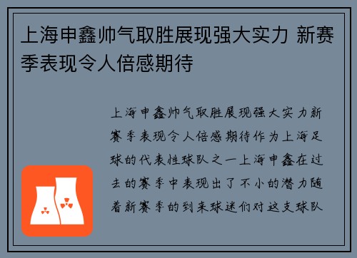 上海申鑫帅气取胜展现强大实力 新赛季表现令人倍感期待