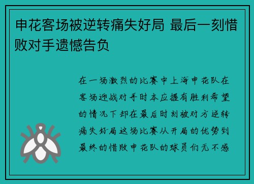 申花客场被逆转痛失好局 最后一刻惜败对手遗憾告负