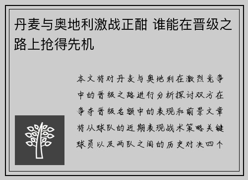 丹麦与奥地利激战正酣 谁能在晋级之路上抢得先机